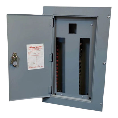 A gray metal electrical panel with the door open, showing internal breaker slots and a lock on the outside door. A white America Electric Co.