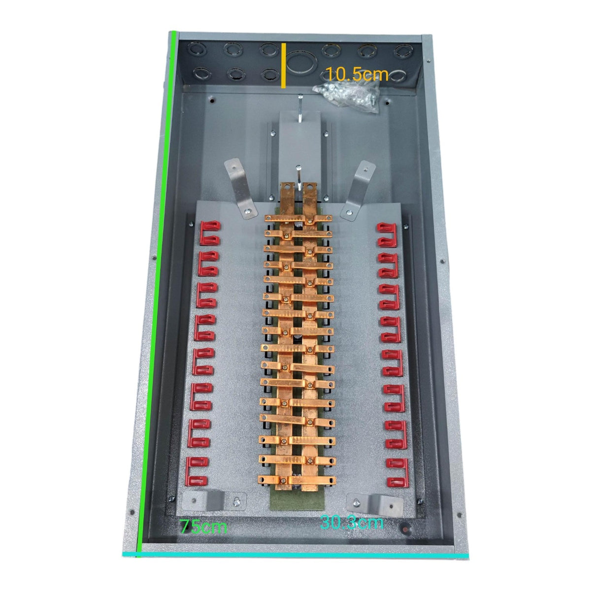 An open metal electrical cabinet or distribution box showing internal busbar components, red terminal blocks, and a green edge strip, photographed on a plain white background.