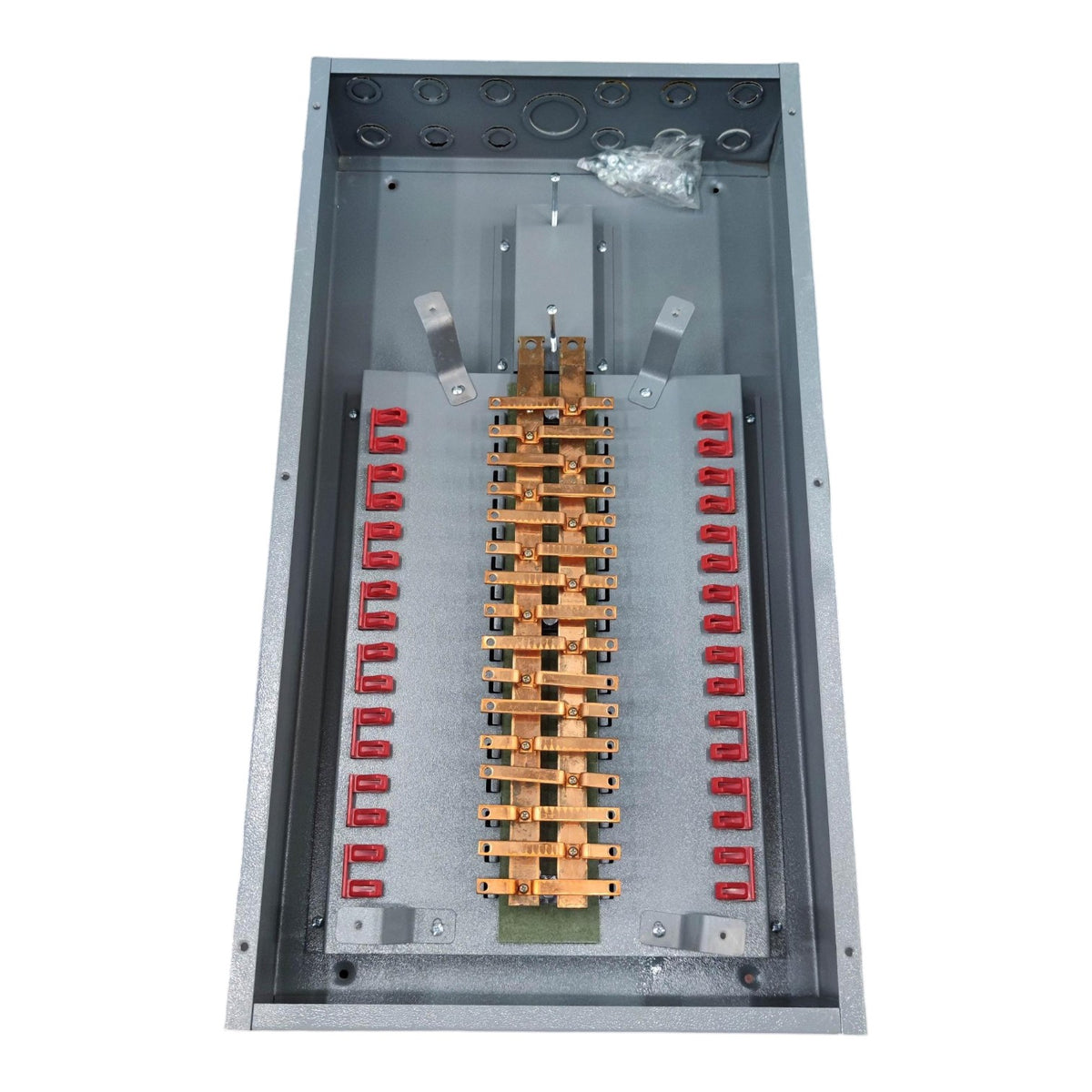 An open metal electrical distribution panel showing internal busbars, terminal blocks, and red contact elements on a white background.