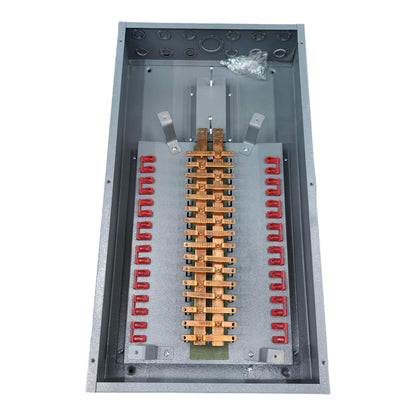 An open metal electrical distribution panel showing internal busbars, terminal blocks, and red contact elements on a white background.