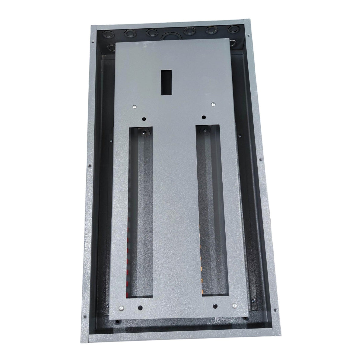 A heavy-duty rectangular metal cabinet or enclosure frame, featuring a textured gray finish, pre-drilled mounting holes, and two long vertical recessed channels, shown on a plain white background.