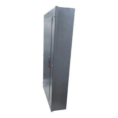 A tall, dark gray metal electrical cabinet or utility box with a single door, shown at a three-quarter angle against a plain white background.