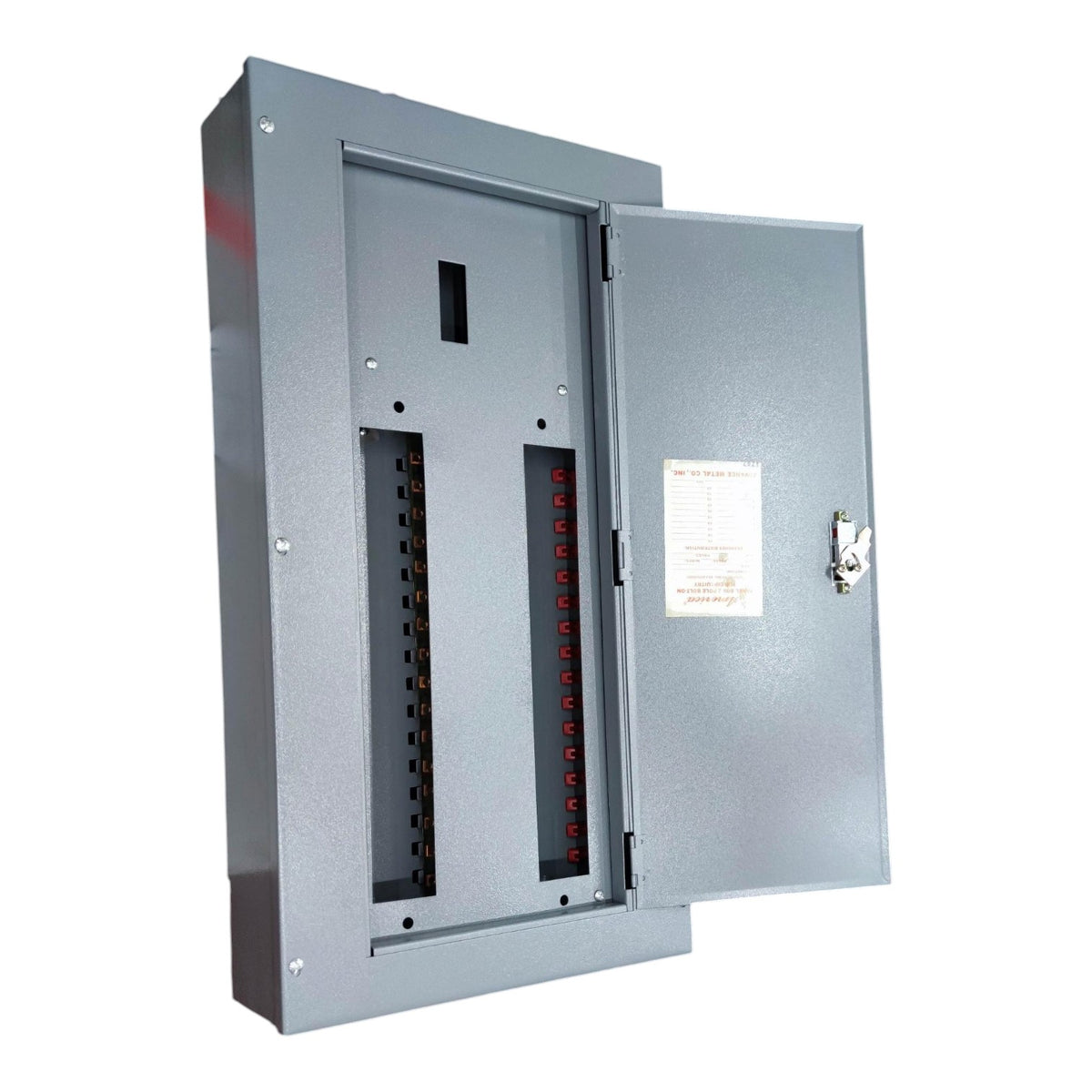 A gray metal electrical distribution panel with the door open, showing internal bus bars and red terminal connectors, photographed on a plain white background.