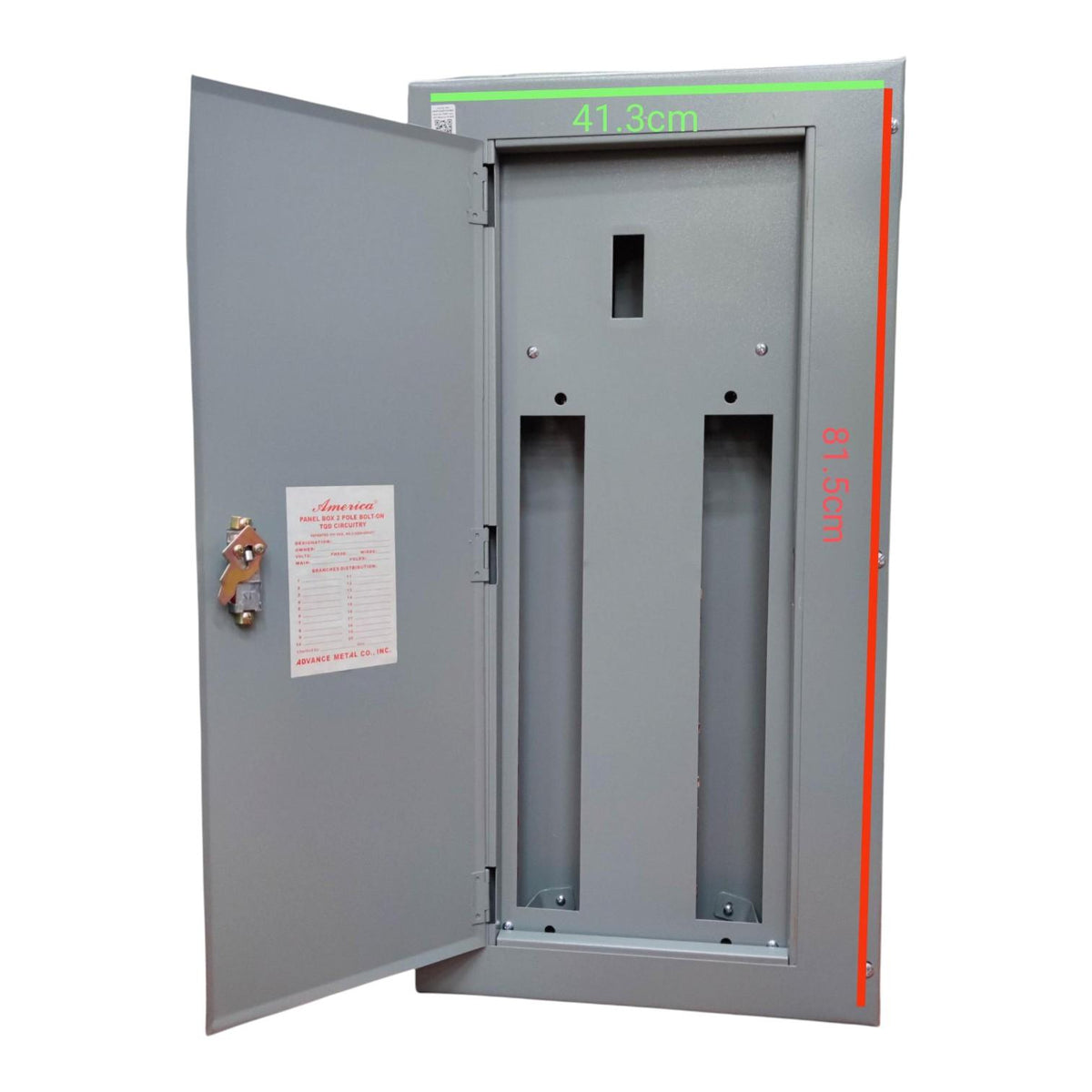 Gray metal electrical distribution cabinet with an open door, showing two vertical terminal slots and red dimension markings on a white background.