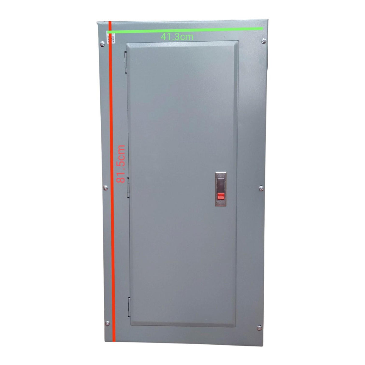 A gray metal utility door or panel with a handle, shown on a white background with red and green measurement lines and text indicating dimensions.