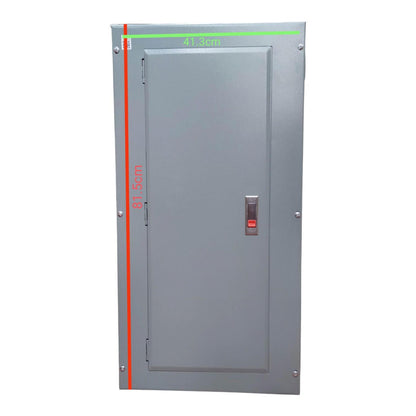 A gray metal utility door or panel with a handle, shown on a white background with red and green measurement lines and text indicating dimensions.