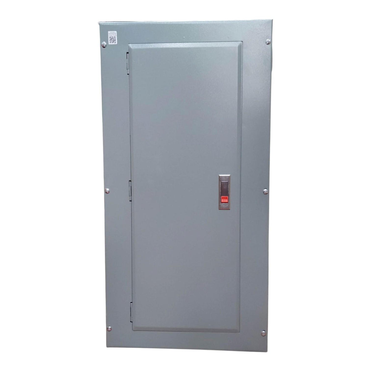 A gray metal electrical panel or utility cabinet with a single door, hinge on the left, a vertical handle, and a small red switch, shown against a plain white background.