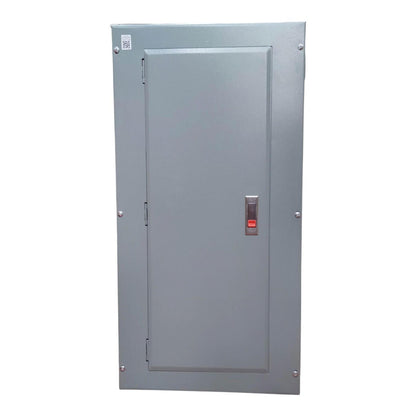 A gray metal electrical panel or utility cabinet with a single door, hinge on the left, a vertical handle, and a small red switch, shown against a plain white background.