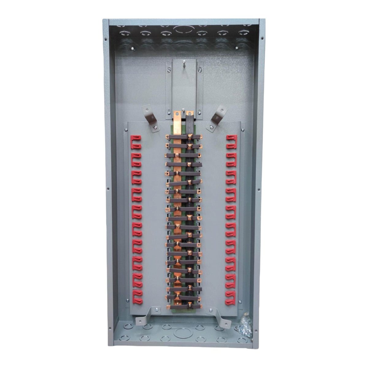 An open gray metal electrical distribution panel showing internal busbars, terminal blocks, and red contact elements on a white background.