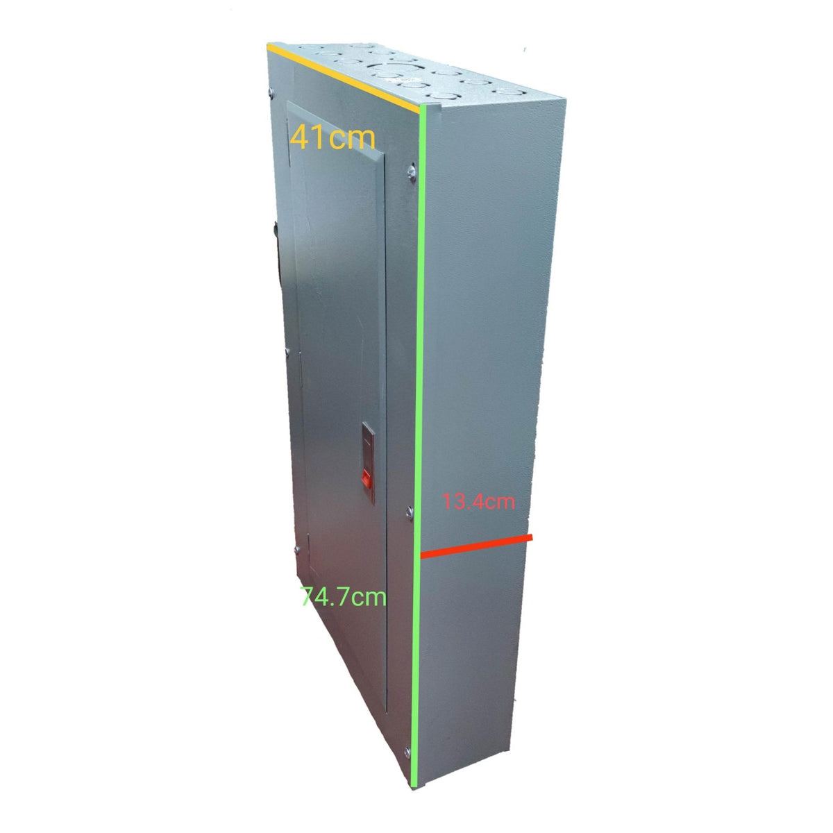 A tall gray metal electrical cabinet or enclosure shown on a white background with overlaid dimension labels in yellow, green, and red indicating measurements of 41 cm, 13.4 cm, and 74.