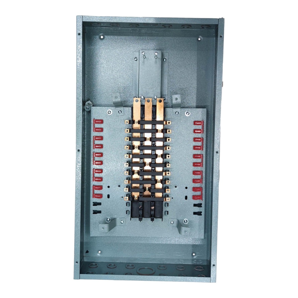 An open metal electrical distribution panel showing internal busbars, terminal blocks, and circuit breakers on a plain white background.