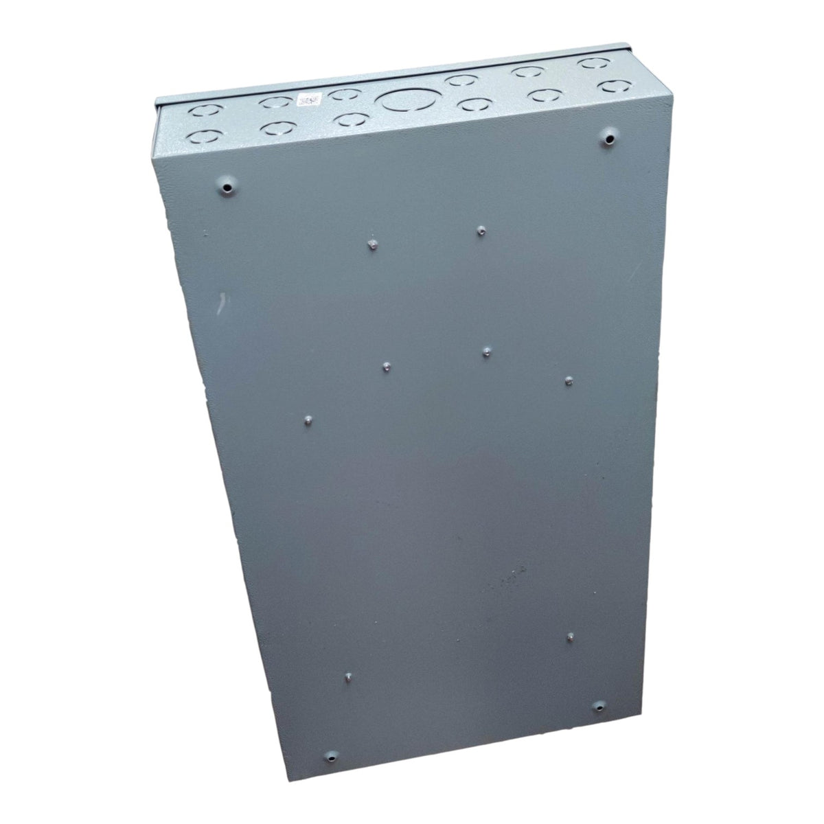 A gray metal electrical junction box with pre-drilled screw terminals and circular openings on the top panel, shown on a plain white background.