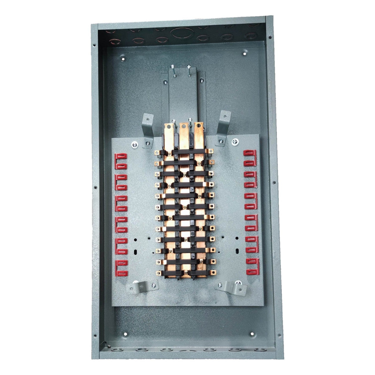 An open metal electrical panel or distribution box showing internal bus bars, terminal blocks, and red contact elements on a plain white background.