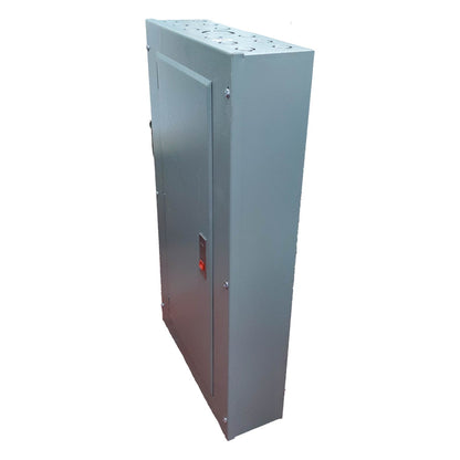 A tall, rectangular gray metal electrical cabinet or control box with a hinged door, shown at an angle on a plain white background.