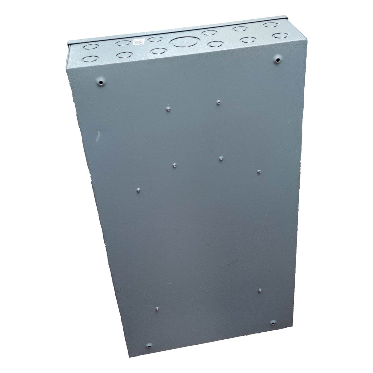 A gray metal electrical junction box with pre-drilled screw holes and circular top openings, shown at an angle on a white background.