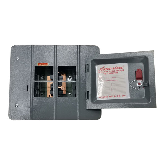 A gray metal electrical breaker box with the door open, showing internal components on the left and a lockbox with a key on the right. A paper insert inside the lockbox reads 'America' and '2-Pole Fuse In Tie-Security'.