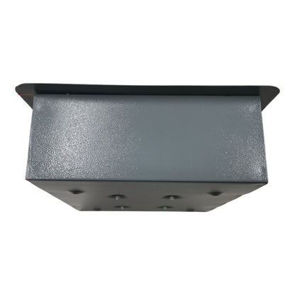 A dark gray textured metal mounting bracket or box cover with a flat top plate and pre-drilled screw holes on the front, shown against a plain white background.