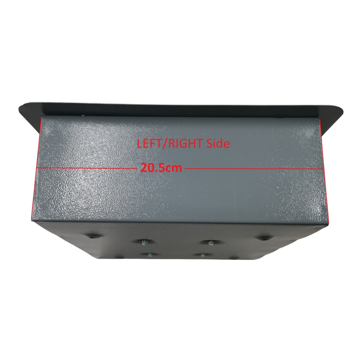 A dark gray metal bracket or corner piece shown on a white background with red overlaid dimension lines and text reading 'LEFT/RIGHT Side 20.5cm', indicating side measurement information.