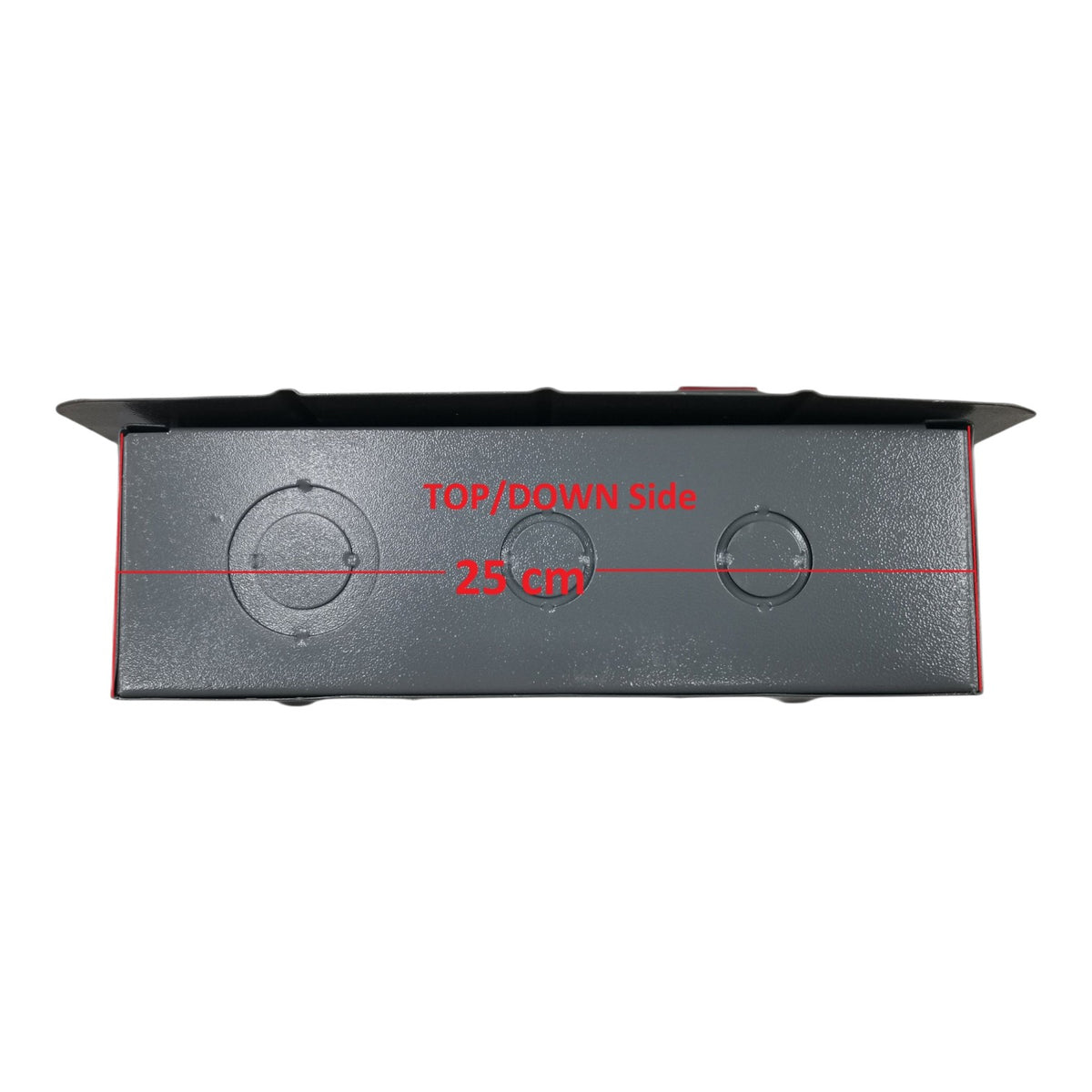 A dark gray rectangular metal box or enclosure shown from the top, with red overlaid dimension lines and text reading 'TOP/DOWN Side' and '25 cm', indicating a width measurement.