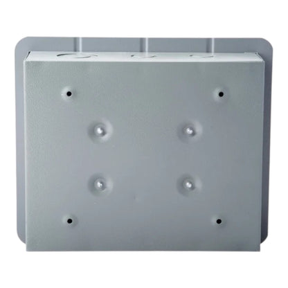 A square gray metal junction box with pre-drilled screw holes and a mounting bracket on the back, shown against a plain white background.