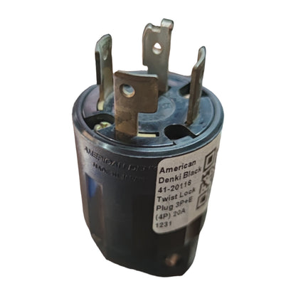 Electrical plug with American Denki branding on a white background American Denki 20A 250V 3P+E Twist Lock Plug 41-20116 Twistlock Plug Twist to Lock Electx Electrical Supply