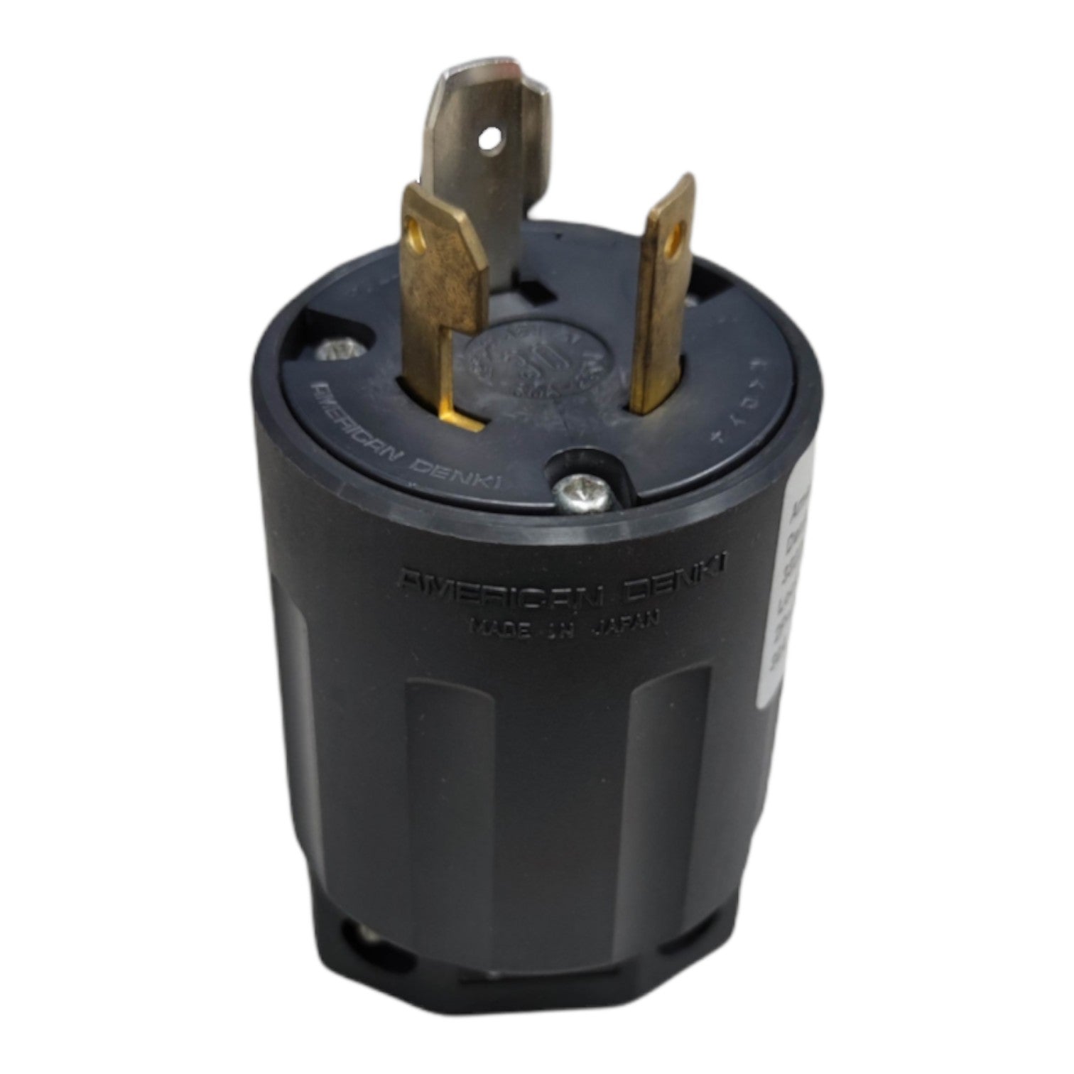Black electrical plug with brass contacts on a white background American Denki 30A 250V Twist Lock Plug 2P+E 3322N Twistlock Plug with Ground Twist to Lock Plug Electx Electrical Supply