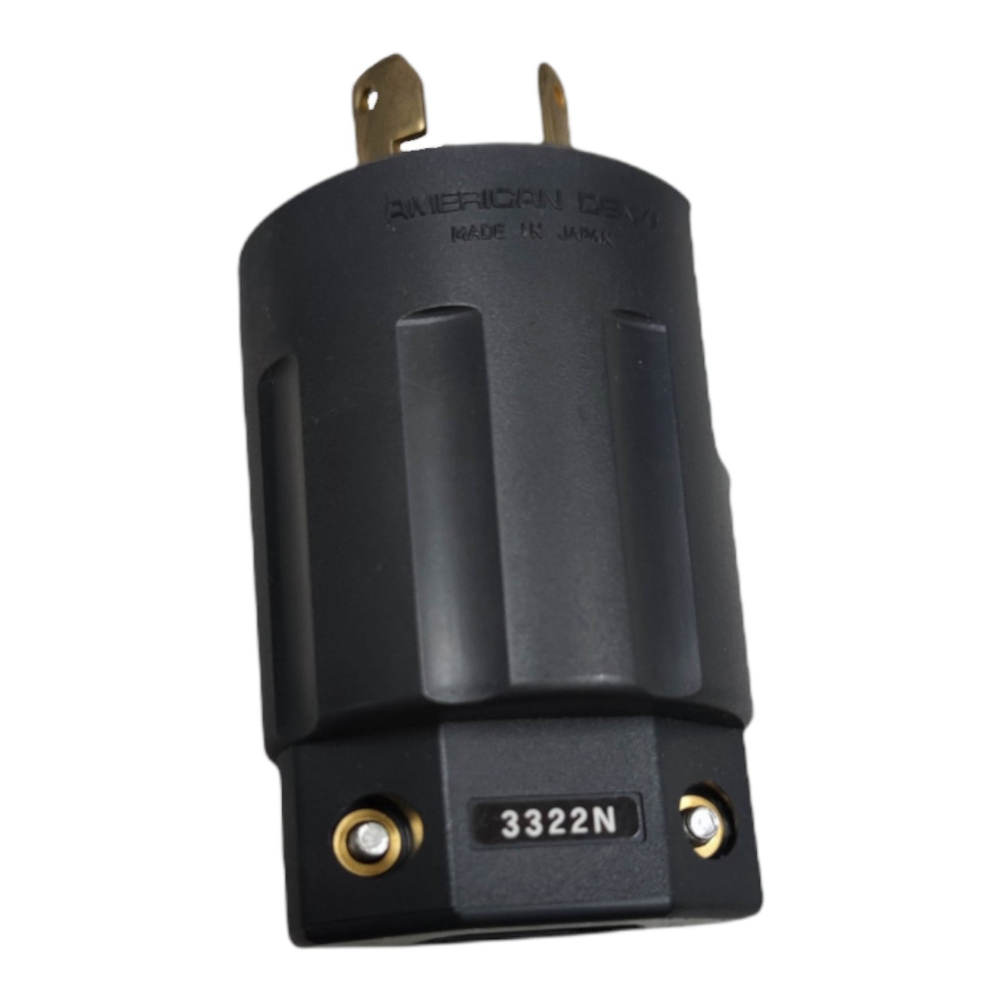 Black electrical plug with gold contacts on a white background American Denki 30A 250V Twist Lock Plug 2P+E 3322N Twistlock Plug with Ground Twist to Lock Plug Electx Electrical Supply