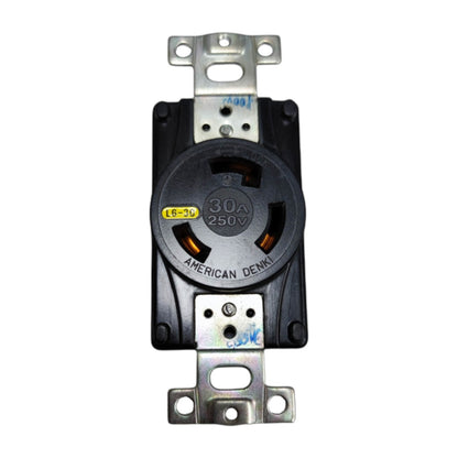 Electrical outlet with American Denki branding on a white background American Denki 30A 2P+E 250V Twist Lock Outlet 3Pins 3320-L6 Twistlock Receptacle Flush Type Made In Japan Electx Electrical Supply