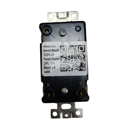 Electrical outlet with label and QR code on a white background American Denki 30A 2P+E 250V Twist Lock Outlet 3Pins 3320-L6 Twistlock Receptacle Flush Type Twist to Lock ELectx Electrical Supply