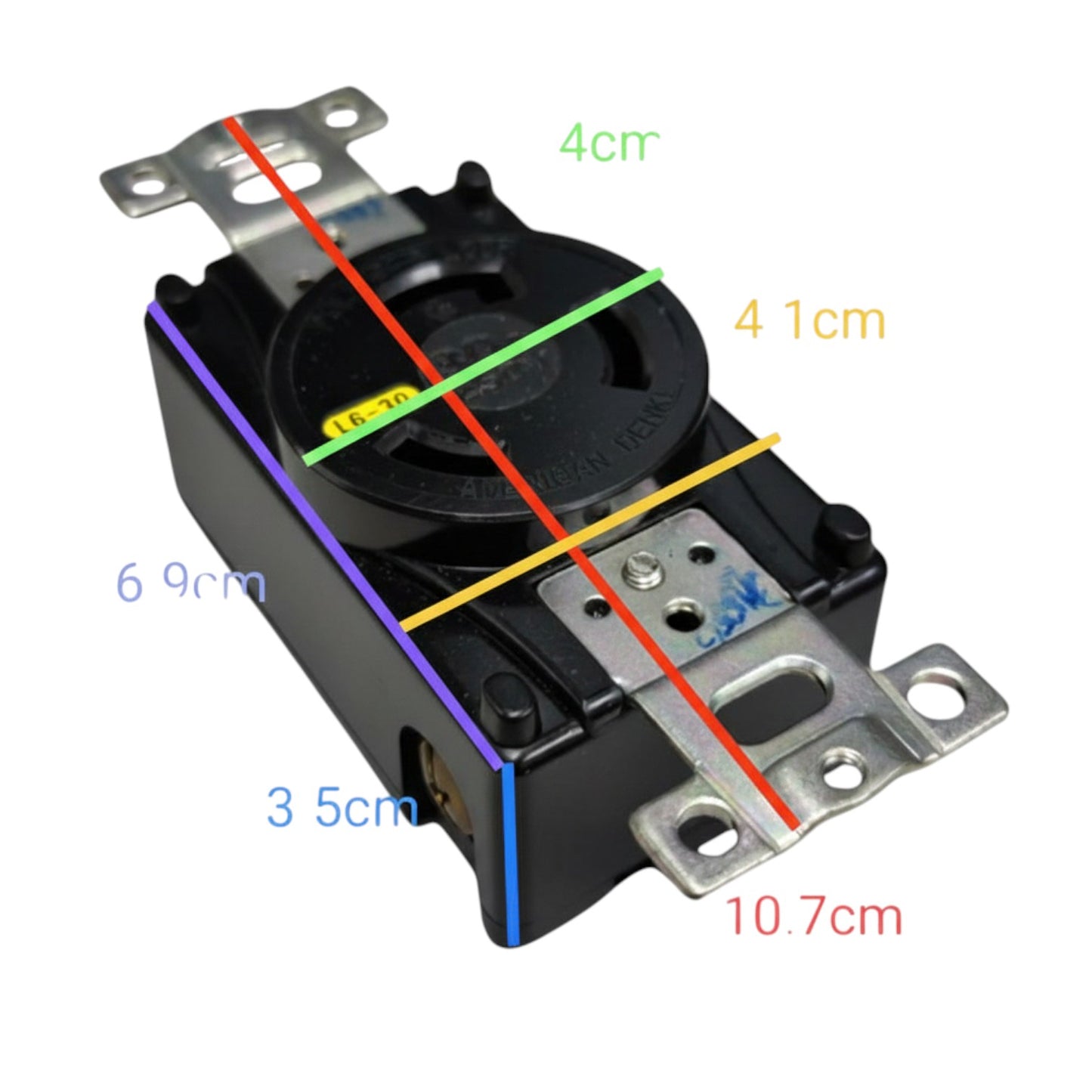 Black electrical component with labeled dimensions on a white background American Denki 30A 2P+E 250V Twist Lock Outlet 3Pins 3320-L6 Twistlock Receptacle Flush Type Twist to Lock ELectx Electrical Supply