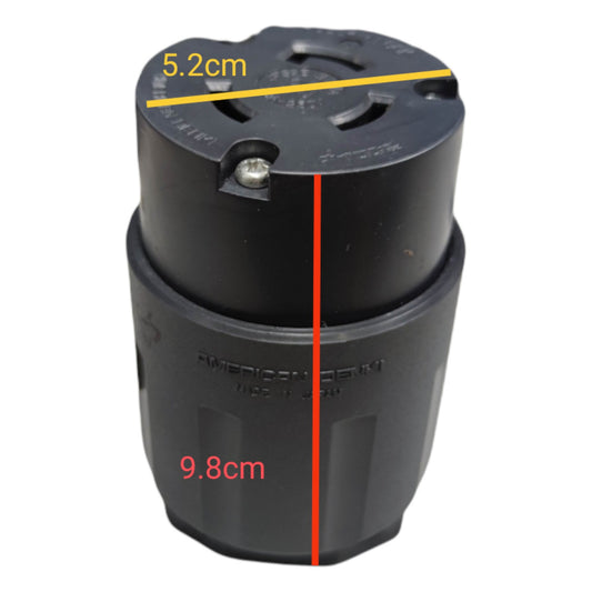 Black cylindrical object with measurements on a white background American Denki Twist Lock 30A 250V 2P+E (3P) Twistlock Outlet Cord Connector Twist to Lock Electx Electrical Supply