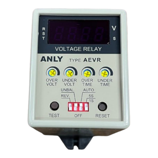 Voltage relay with digital display and labeled buttons on a white background