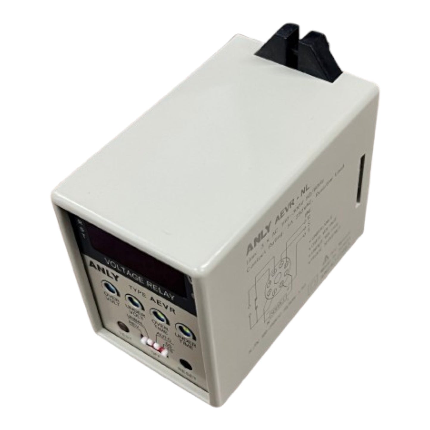 White electronic device with labeled components on a white background