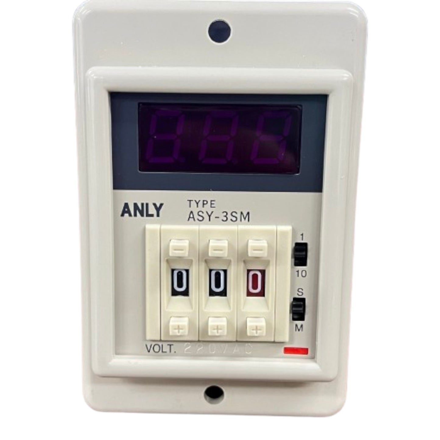 Digital timer with LED display and switch buttons on a white background