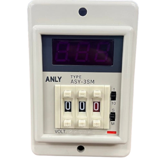 Digital timer with LED display and switch buttons on a white background