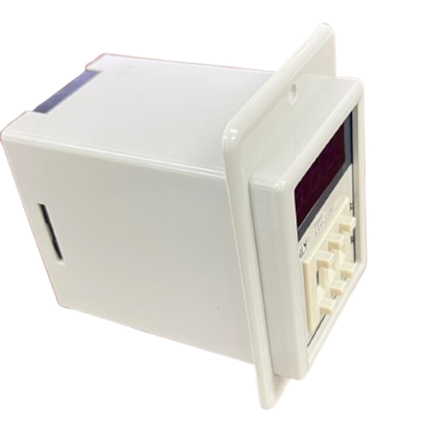 White electronic control panel with digital display on a white background