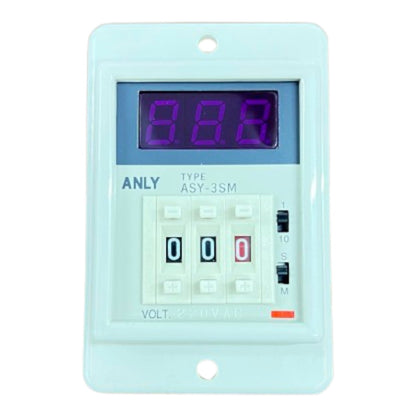 Digital voltage meter with blue display on a white background