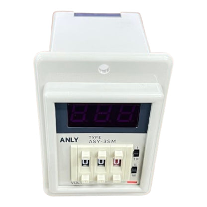 Digital meter with a white casing and digital display on a white background