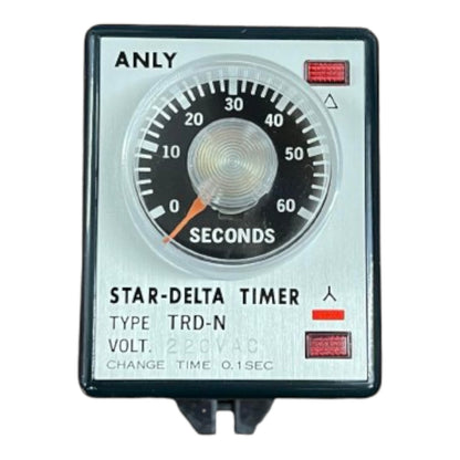 Star-Delta timer with a dial and labeled specifications on a white background