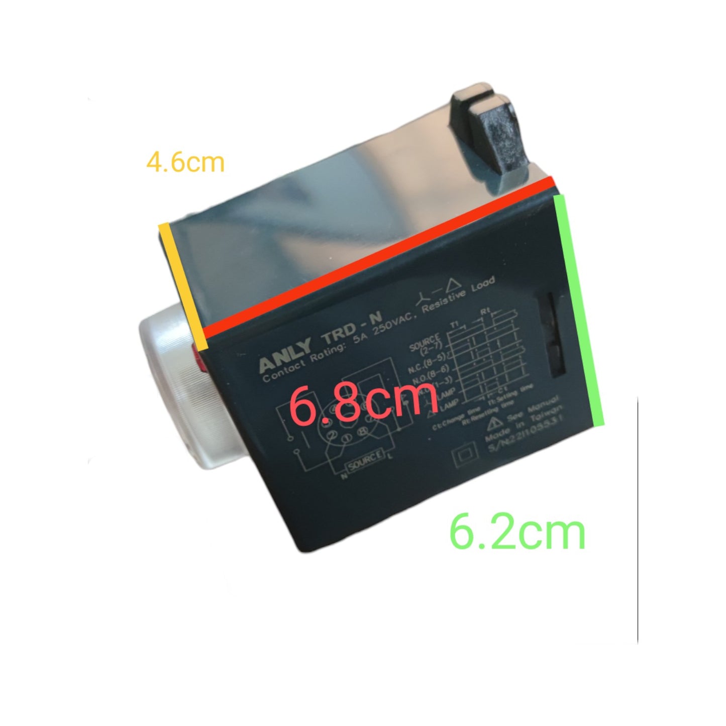 Electrical component with dimensions labeled on a white background