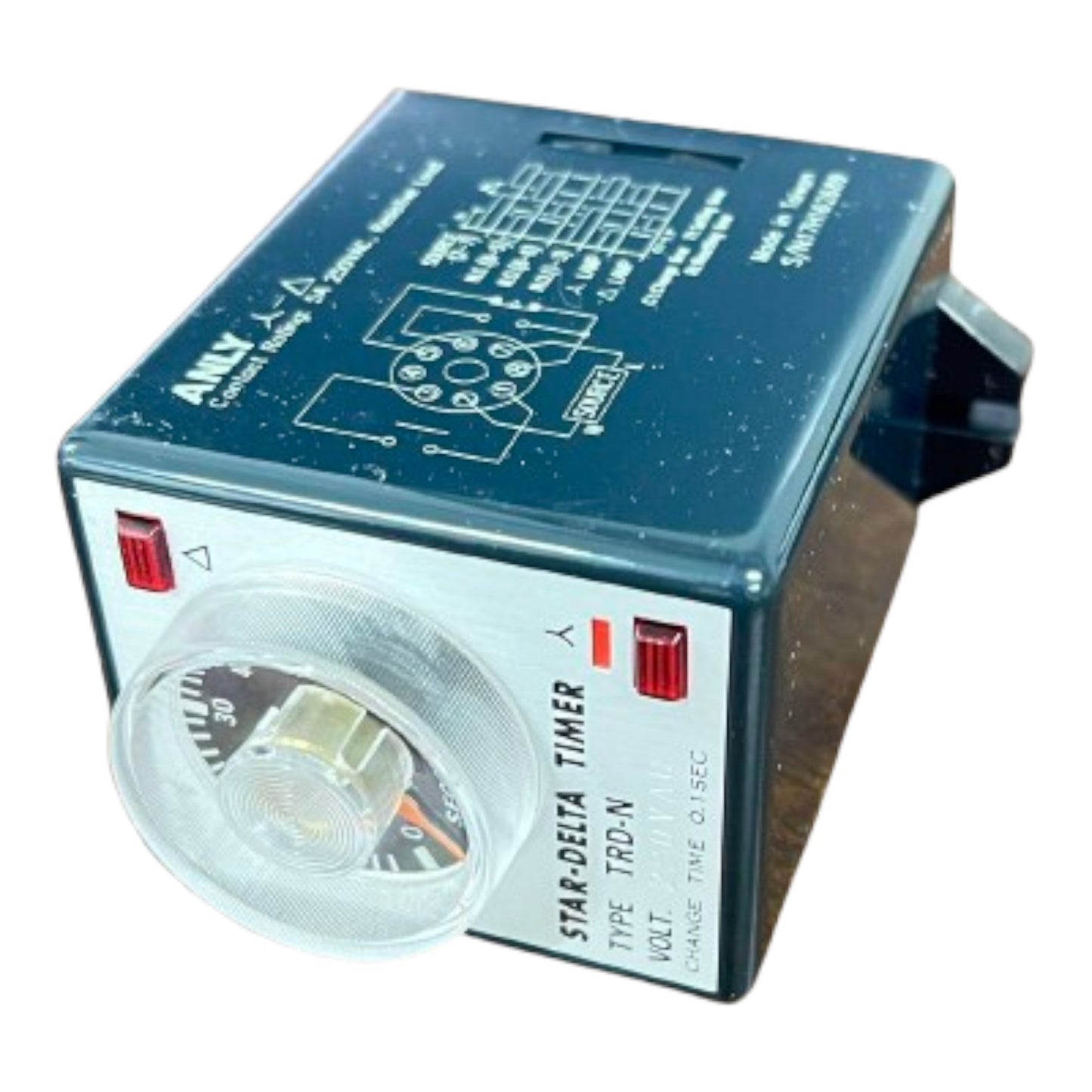 Mechanical timer with blue casing and control knobs on a white background