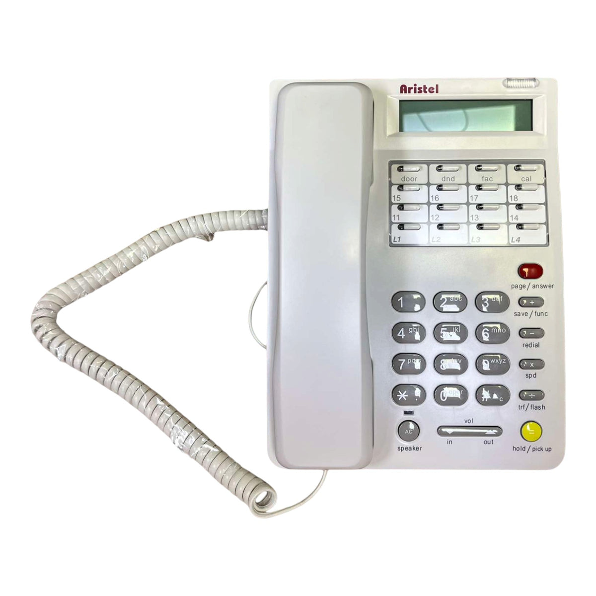 An Aristel landline telephone with a silver-gray plastic body, a coiled cord, and a small display screen on a plain white background.