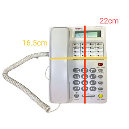 A white and gray Aristel landline telephone with a coiled cord, shown on a white background with red and yellow dimension lines and text indicating 16.5cm width and 22cm height.