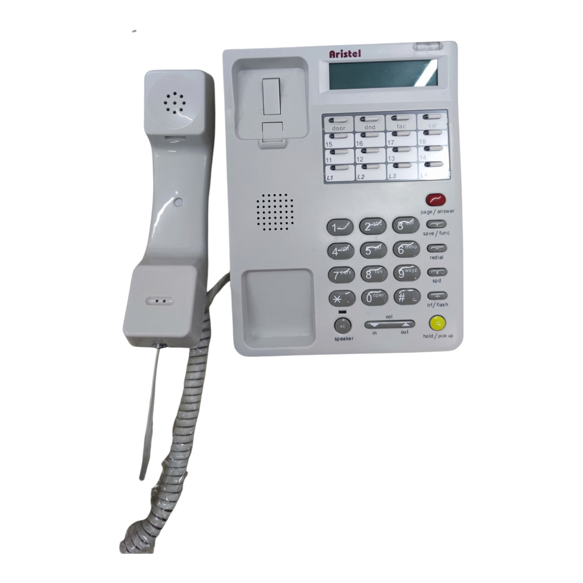 A white and gray office telephone with a matching handpiece and coiled cord, shown on a plain white background. The brand name 'Aristel' is visible at the top of the receiver.