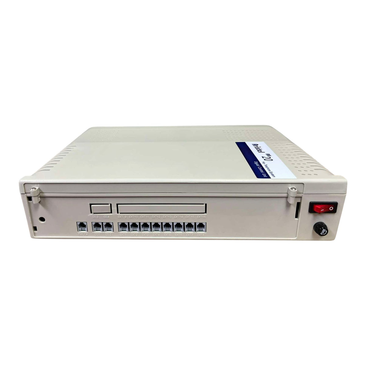 A beige industrial electronic control module with a front panel featuring multiple RJ45 network ports, a slot card, and a red power switch, photographed on a white background.