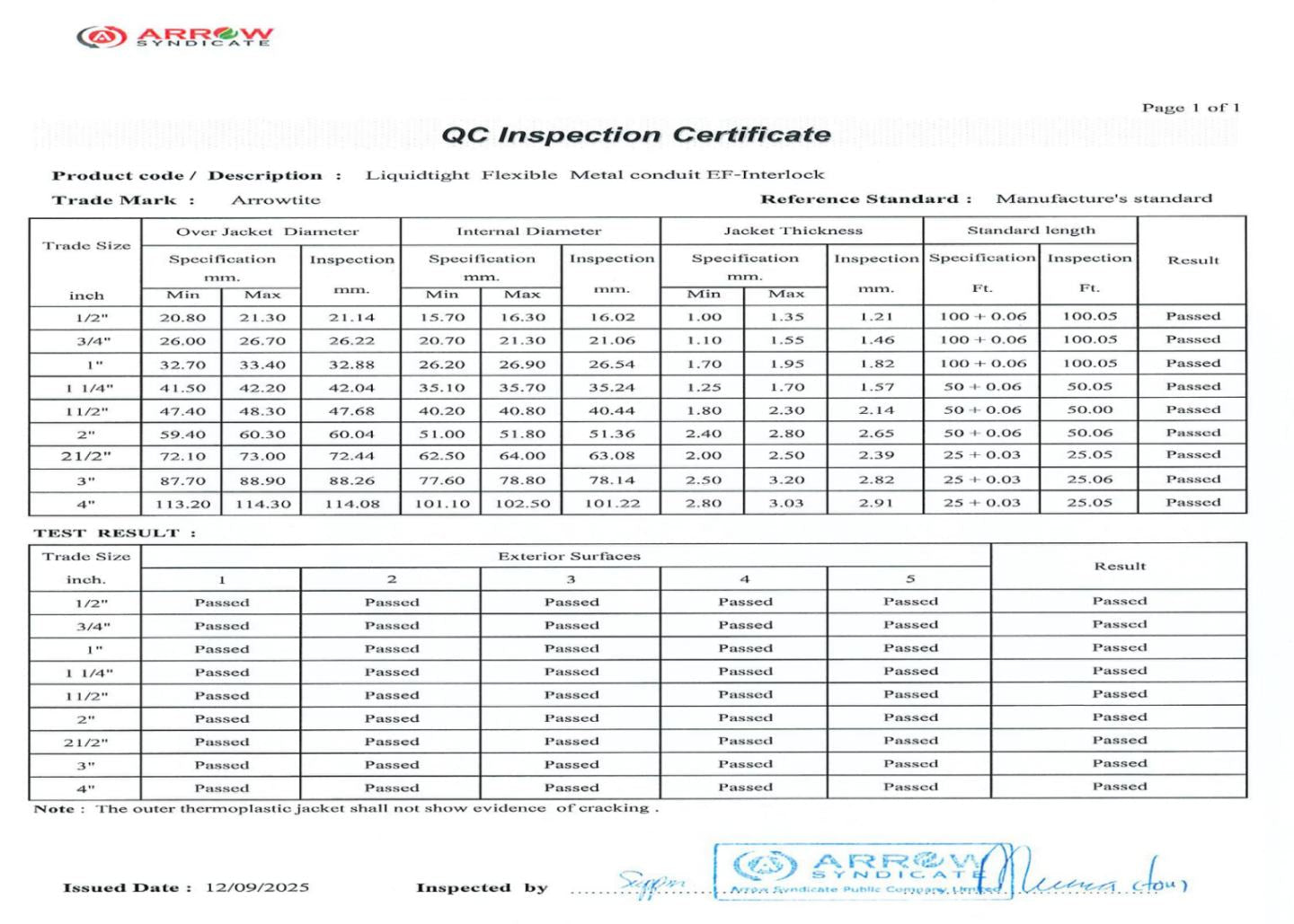 QC Inspection Certificate for liquidtight flexible metal conduit with Arrowite branding.