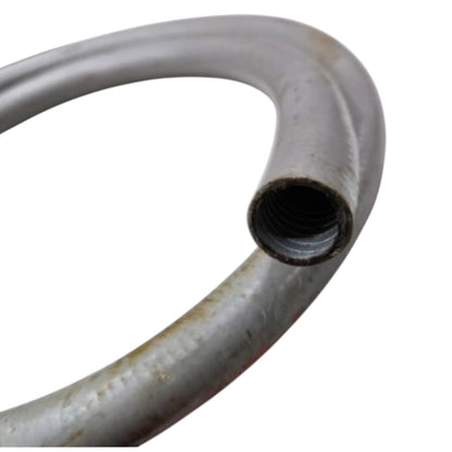 A close-up of a curved metal pipe or hose section with a threaded opening, shown on a plain white background.