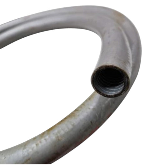 A close-up of a curved metal pipe or hose section with a threaded opening, shown on a plain white background.