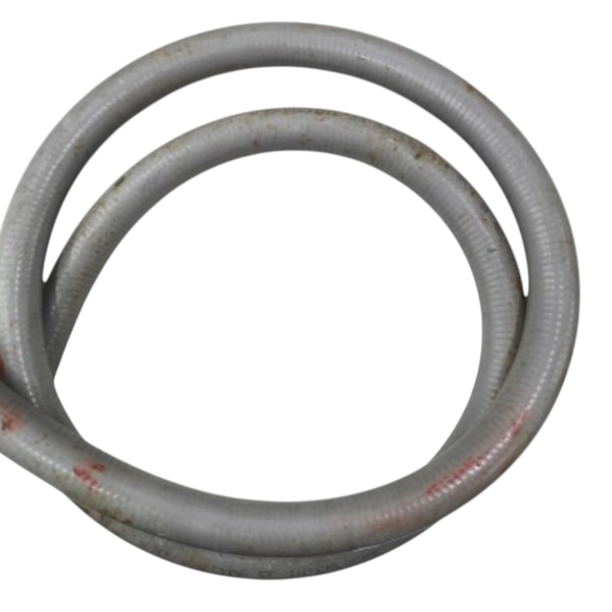 A coiled gray corrugated metal pipe or tubing with some rust stains, isolated on a white background.