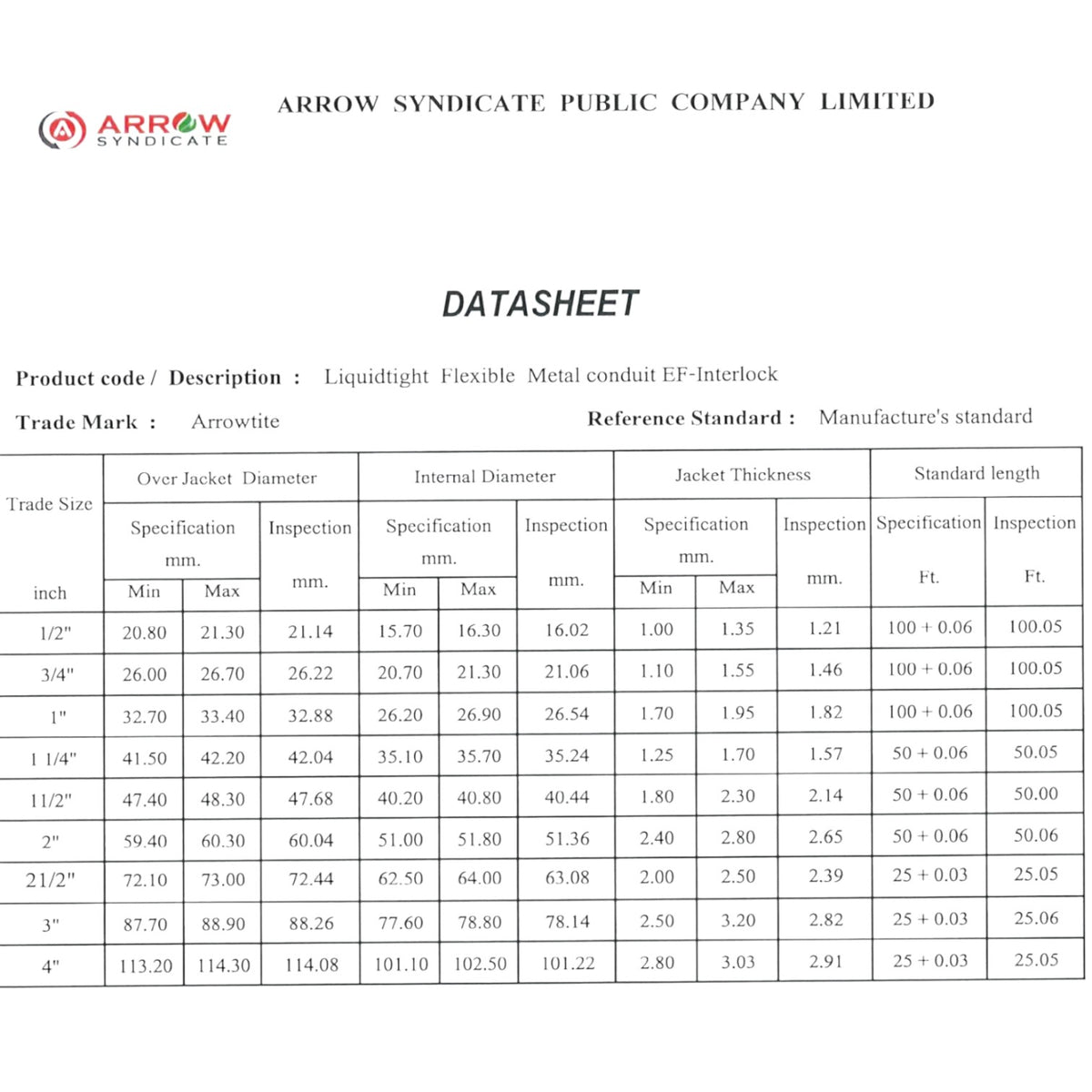 A technical datasheet from Arrow Syndicate for Arrowlite Liquidlight Flexible Metal conduit EF Interlock, showing a size and specification table with columns for jacket diameter, internal diameter, jacket thickness, and standard length.